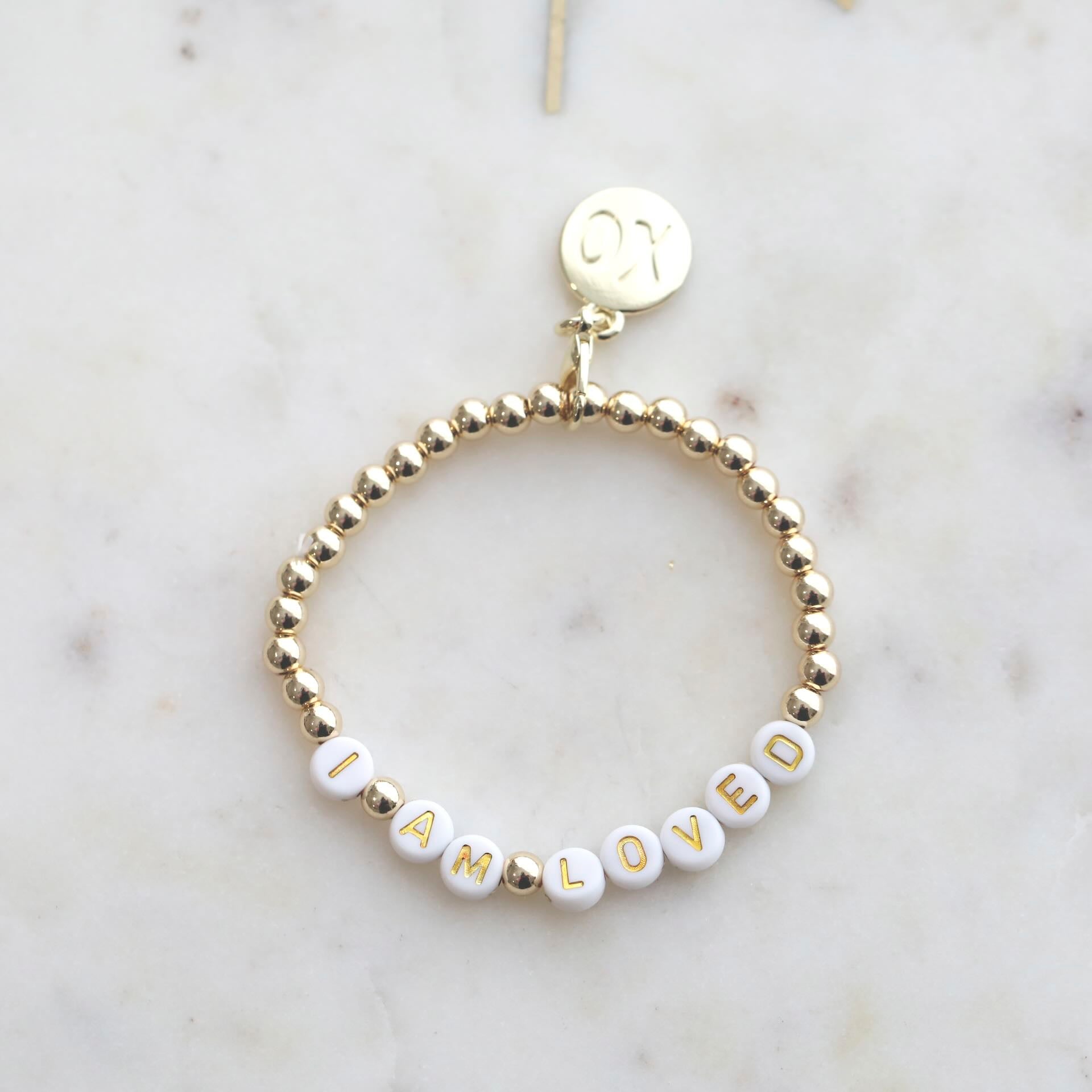 Close-up of 'I AM LOVED' Affirmation Bracelet from AGERICH by Mrs V