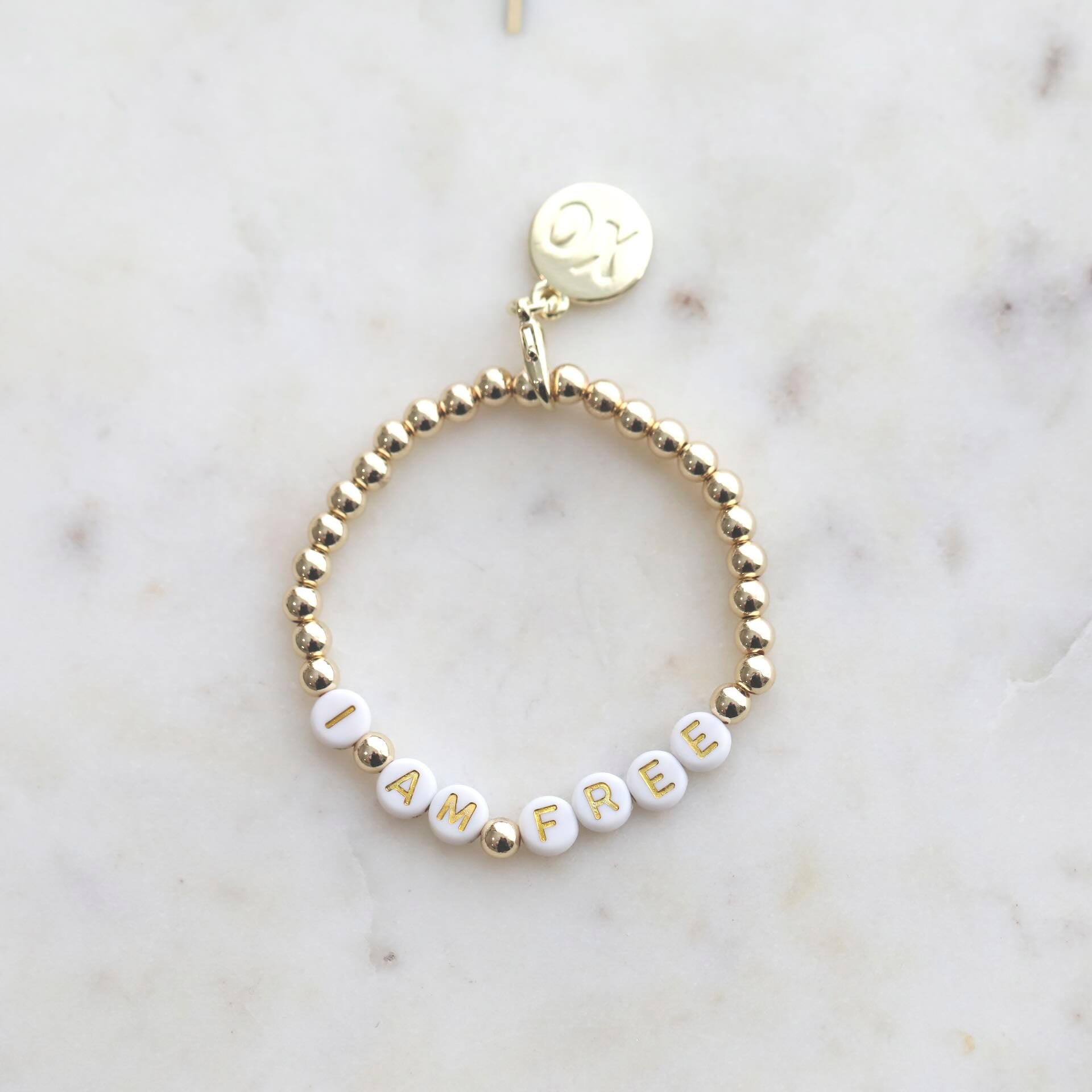 Close-up of 'I AM FREE' Affirmation Bracelet from AGERICH by Mrs V