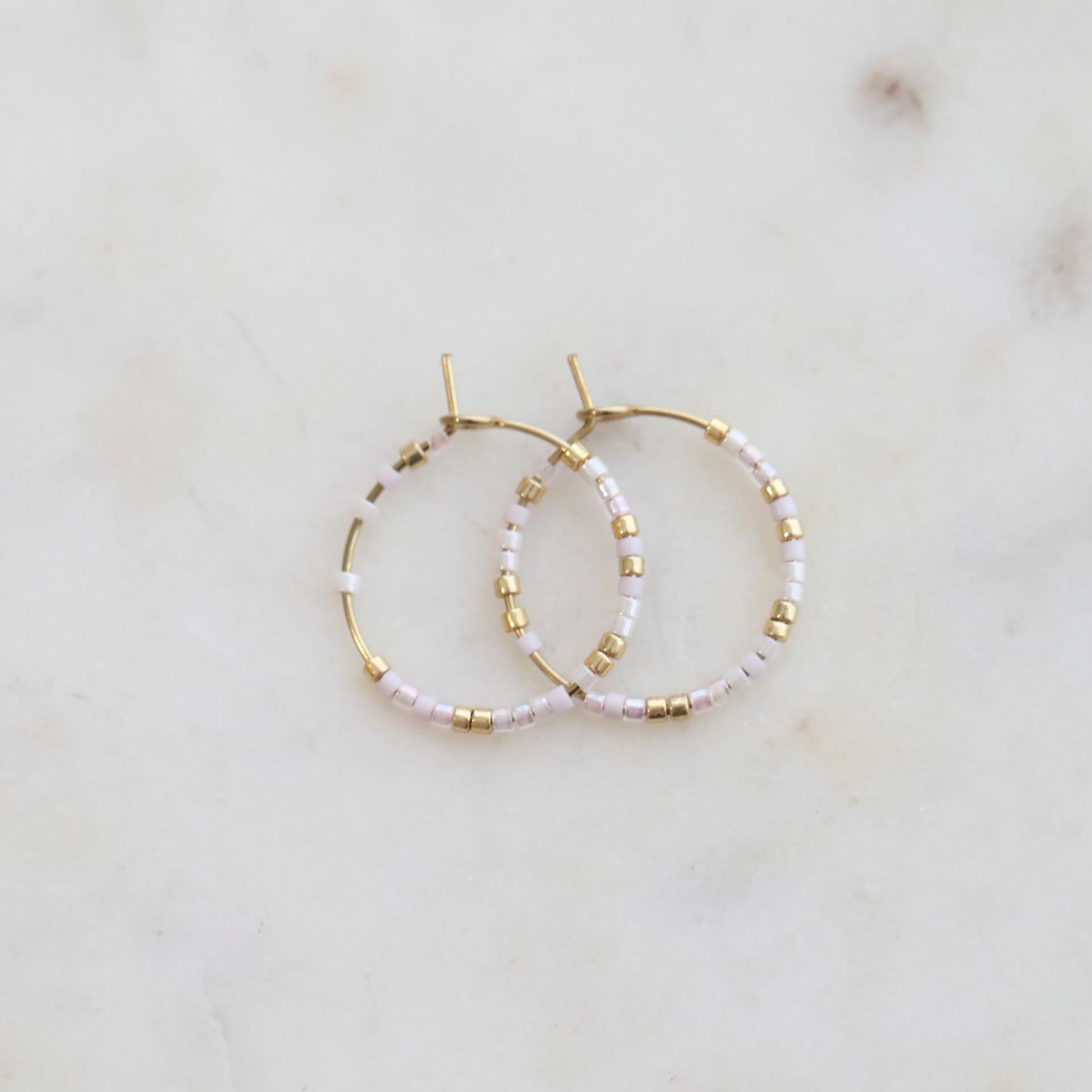 Beaded Hoop Gold & White Earrings by Mrs V – Stylish and Elegant Jewellery