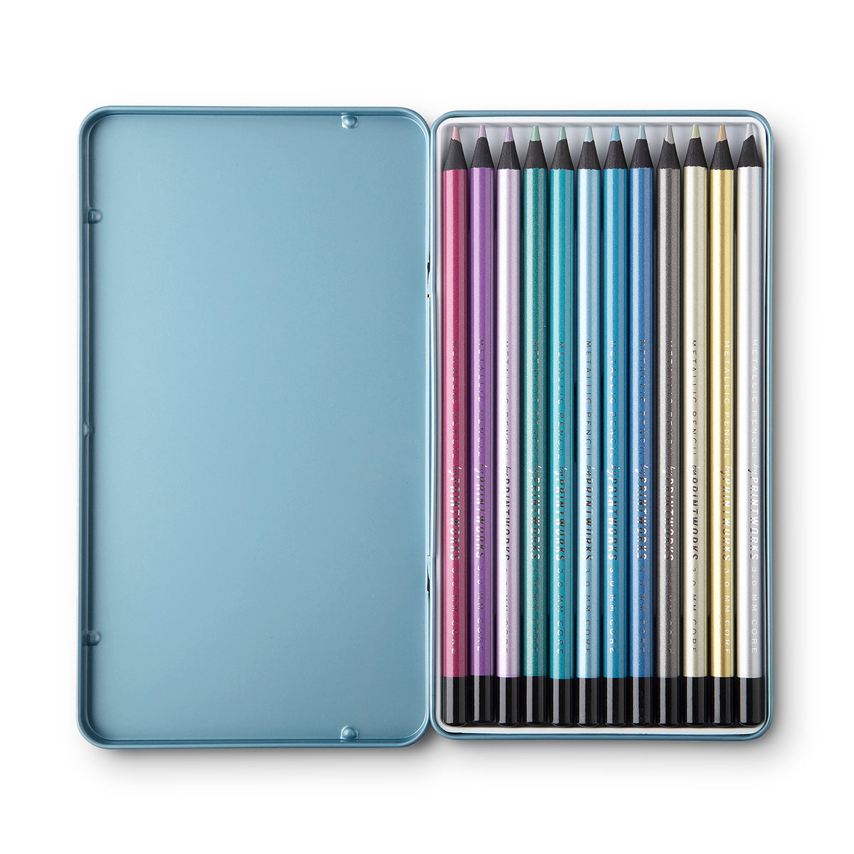 Metallic Coloured Pencil Set by Mrs V – 12 High-Quality Pencils in Metal Case