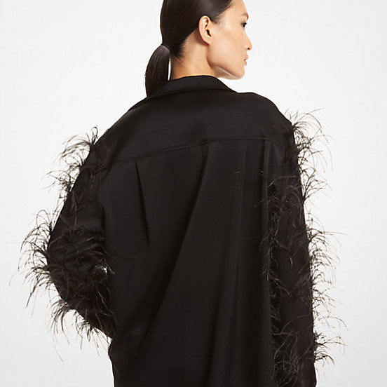 Feather Trim Satin Blouse