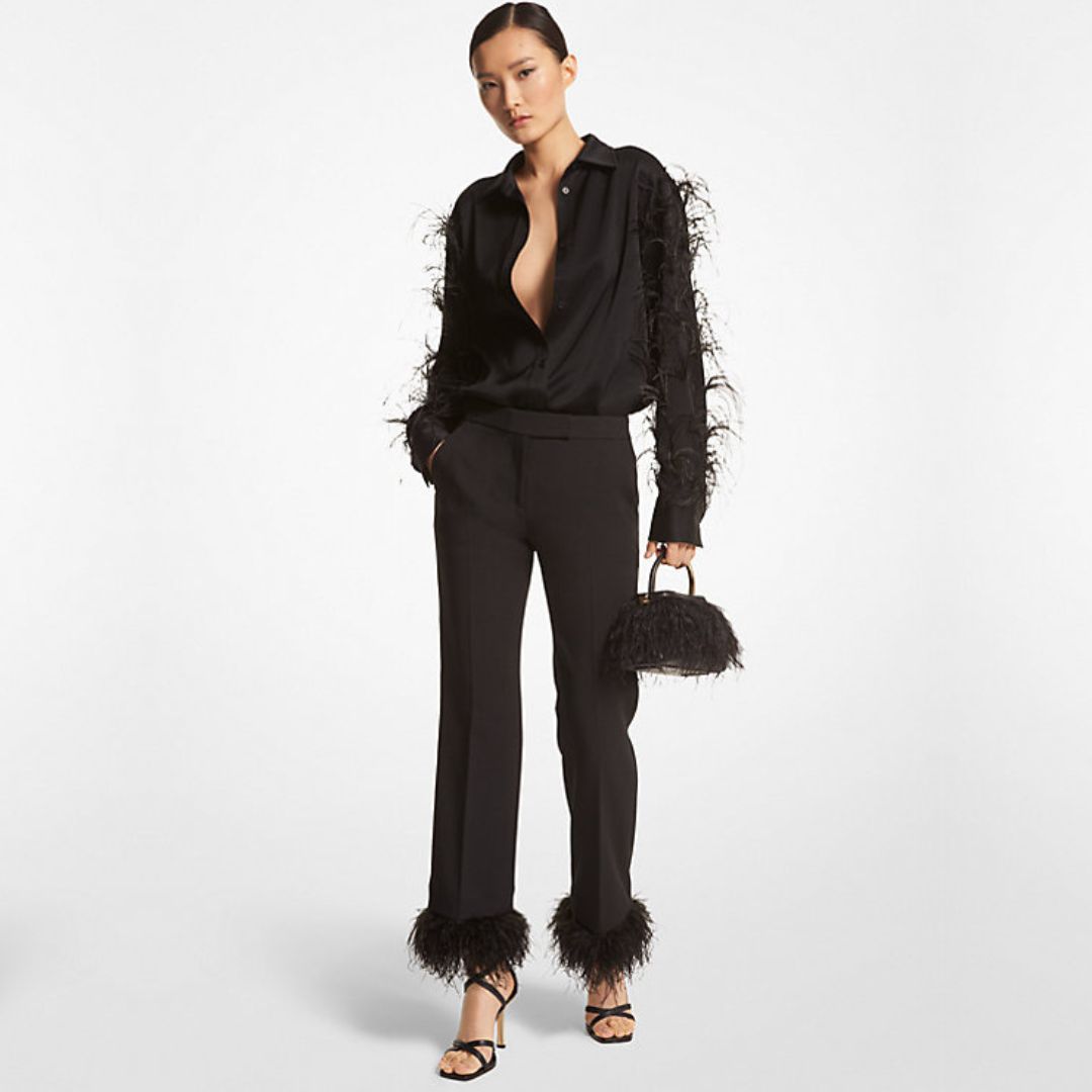 Feather Trim Satin Blouse