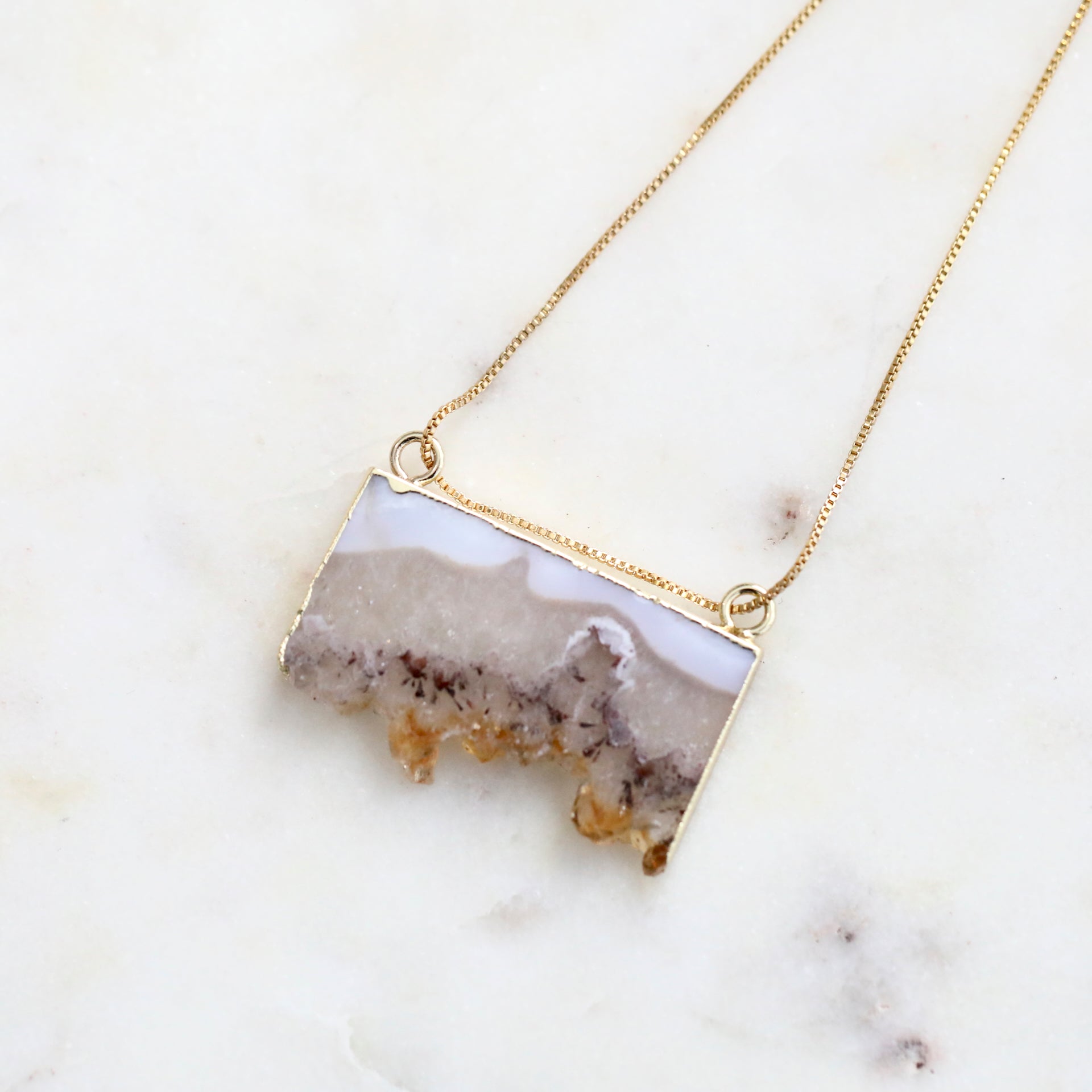 Crystal Citrine Raw Sliced Pendent with Gold Chain