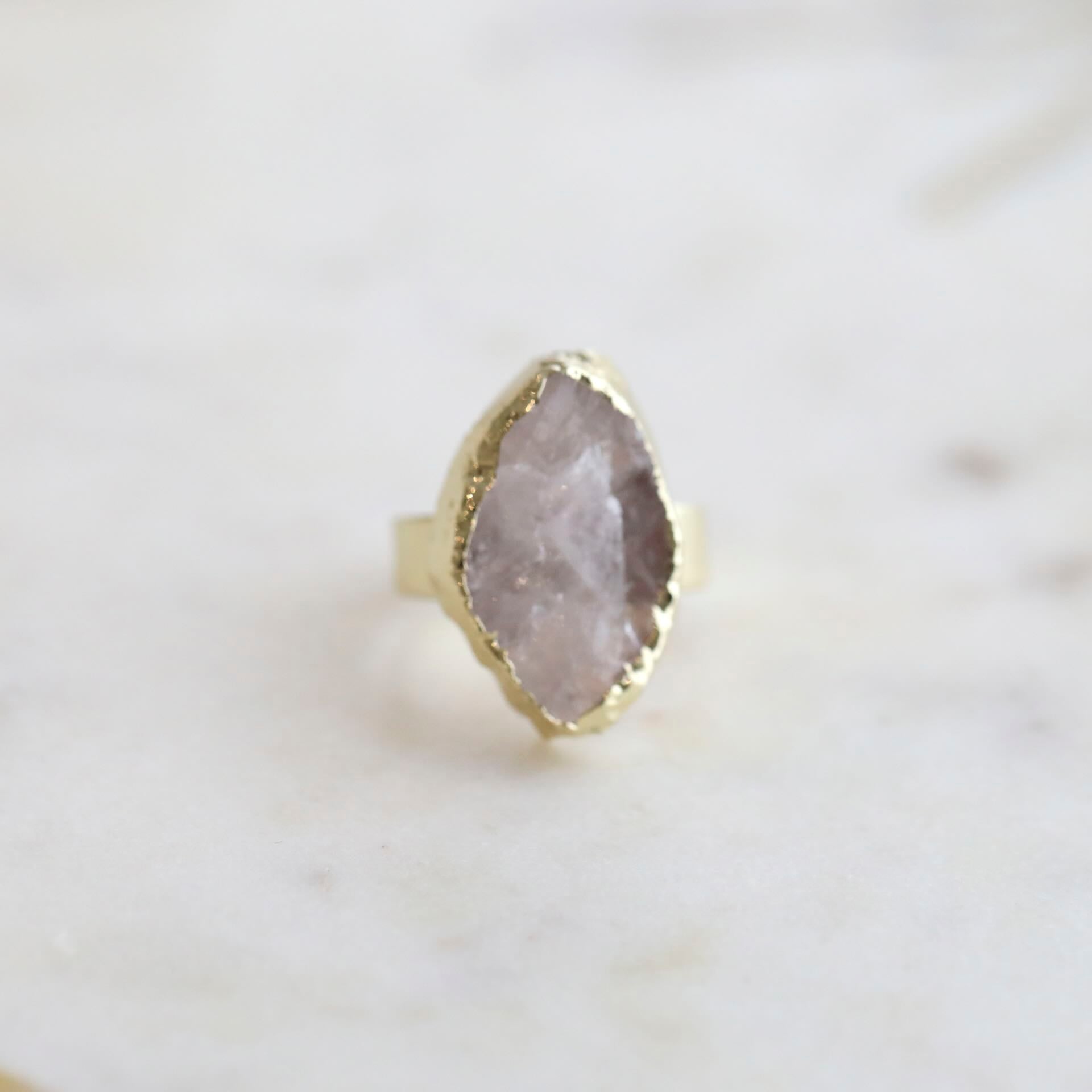 Rose Quartz Crystal Ring by Mrs V – Adjustable 18K Gold Plated Jewellery