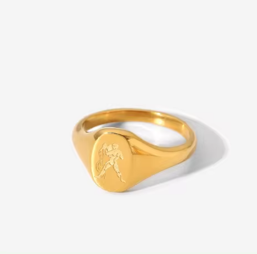 Close-up of Finely Engraved Aquarius Zodiac Symbol on Signet Ring by Mrs V