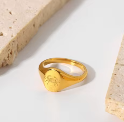 Close-up of Finely Engraved Cancer Zodiac Symbol on Signet Ring by Mrs V