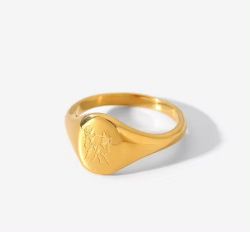 Close-up of Finely Engraved Gemini Zodiac Symbol on Signet Ring by Mrs V