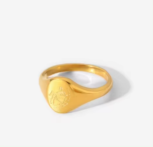 Close-up of Finely Engraved Sagittarius Zodiac Symbol on Signet Ring by Mrs V