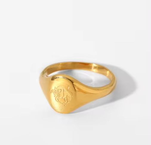 Close-up of Finely Engraved Taurus Zodiac Symbol on Signet Ring by Mrs V
