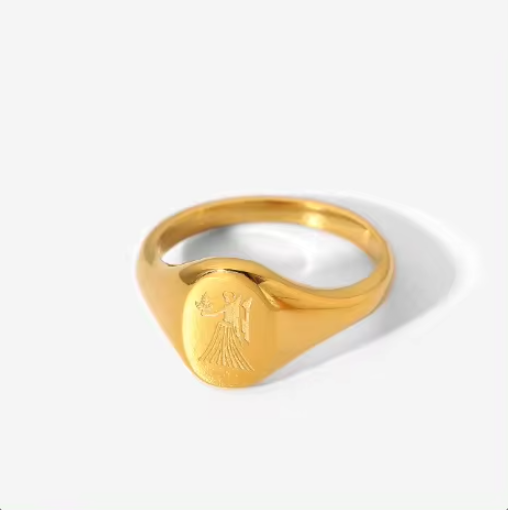 Close-up of Finely Engraved Virgo Zodiac Symbol on Signet Ring by Mrs V