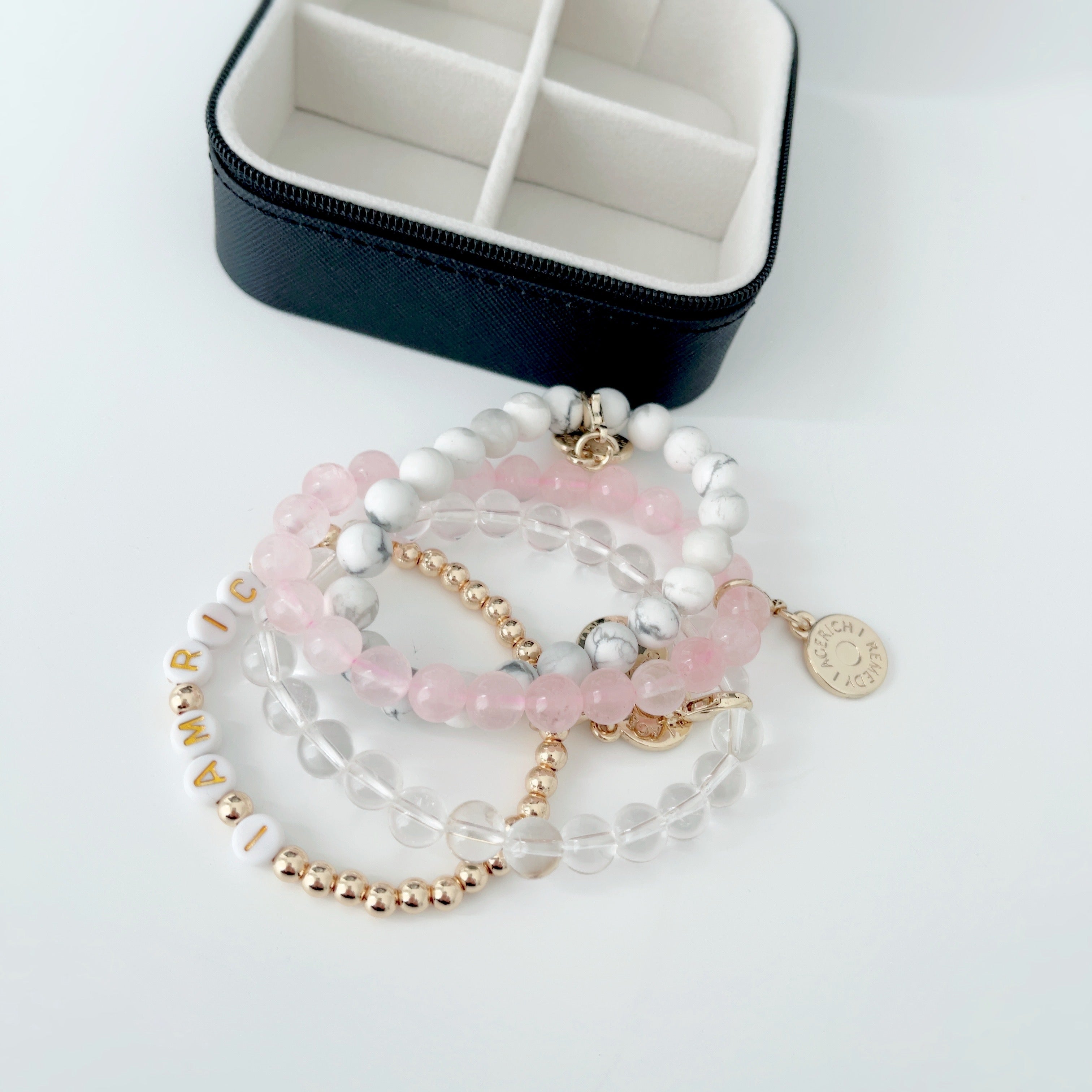Close-up of Rose Quartz, Clear Quartz, and Howlite Bracelets in the Bracelet Crystal Kit from AGERICH by Mrs V