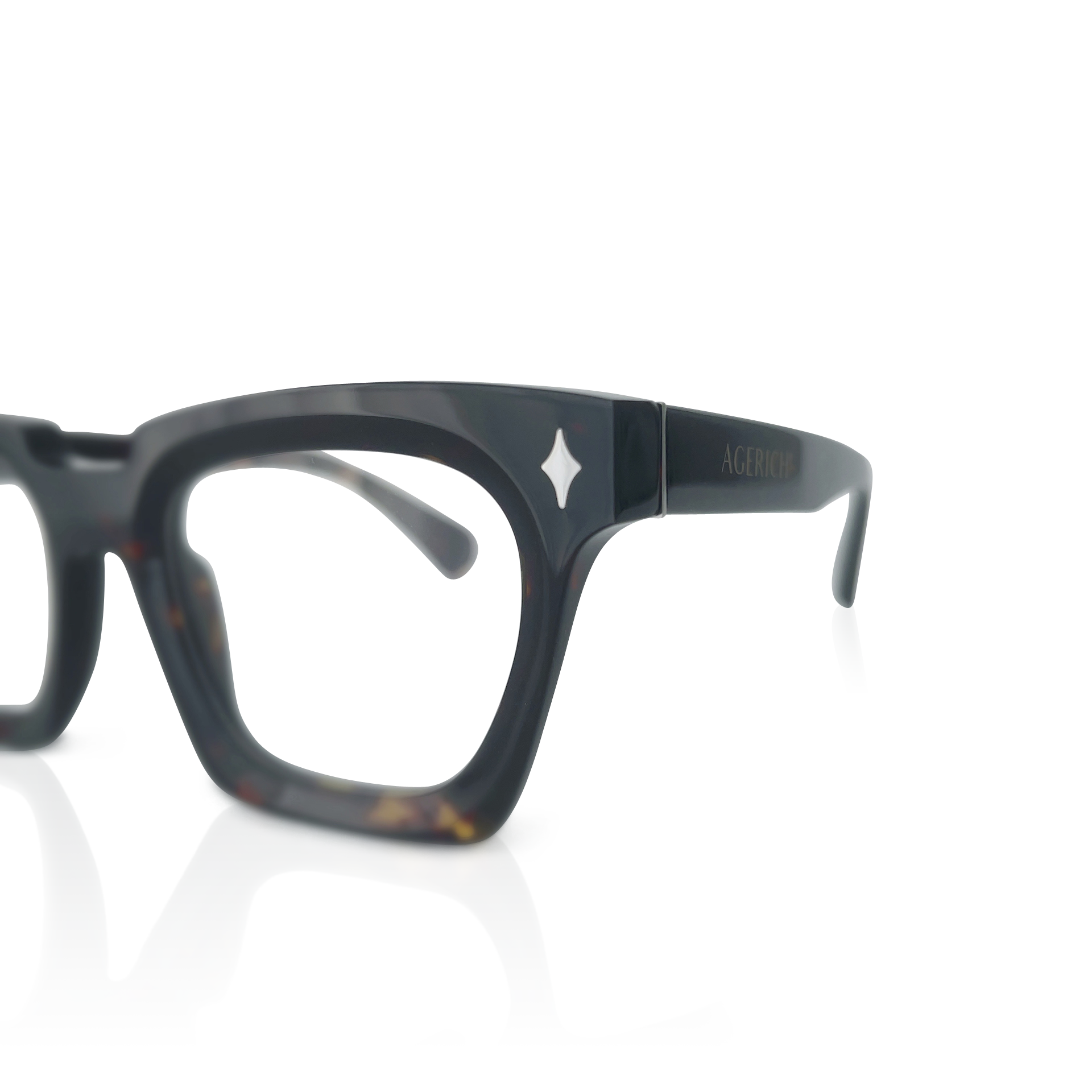 Close-Up of Mrs V Eyewear 'Diamond' - Detailed View of the Handmade Acetate Frame and Stainless Steel Hinges