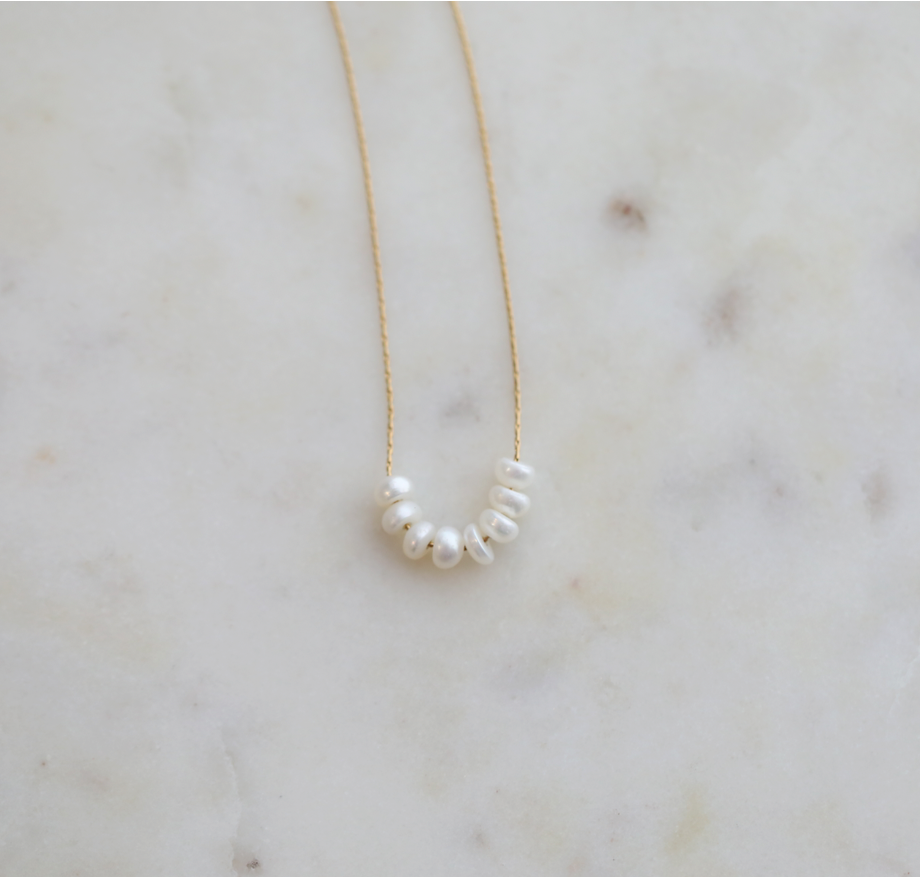 Close-up of Six-Pearl Design on Gold Chain Necklace by Mrs V