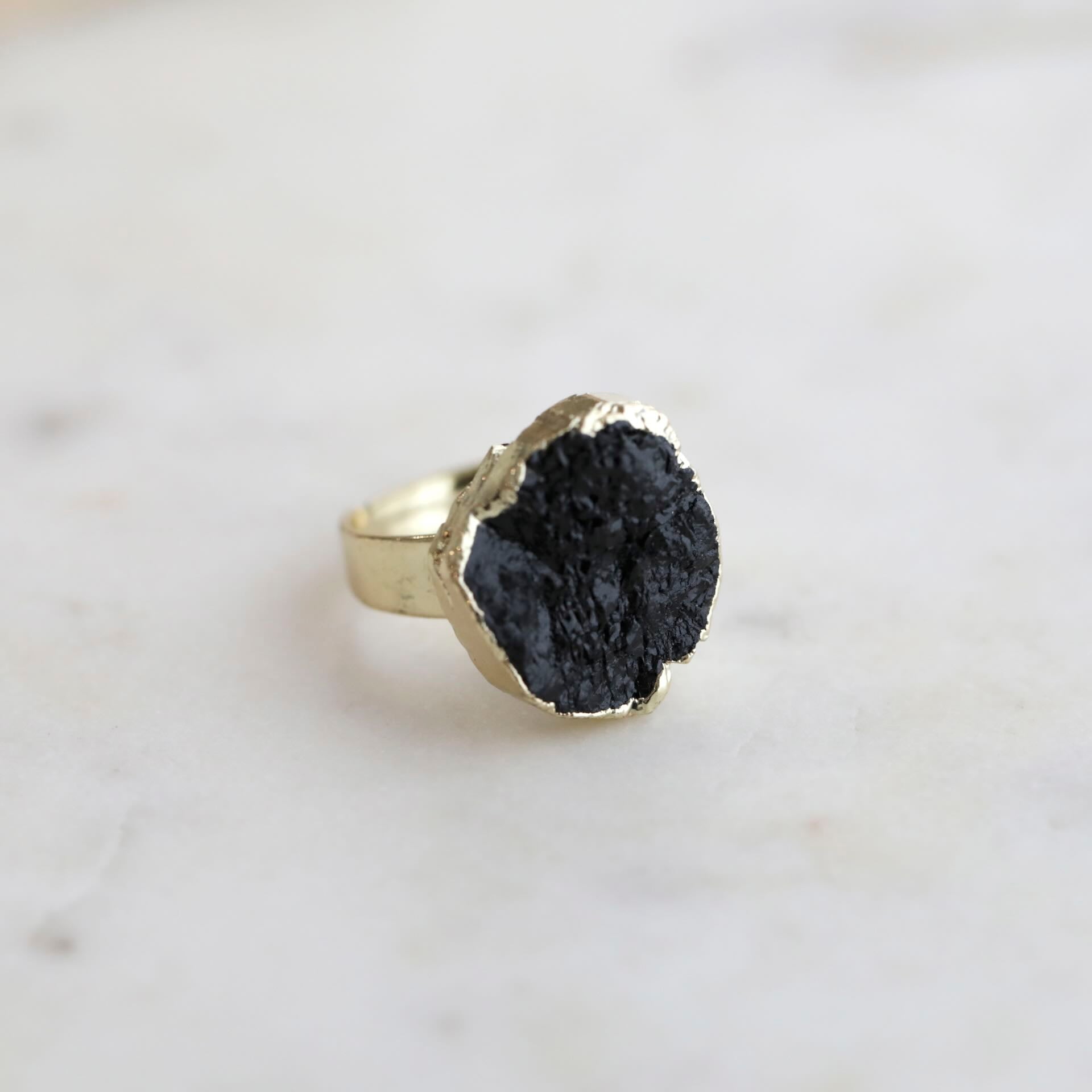 Obsidian Crystal Ring by Mrs V – Adjustable 18K Gold Plated Jewellery