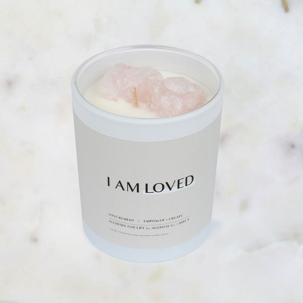 'I AM LOVED' Rose Quartz Crystal Candle | Soy Wax Candle | AGERICH
